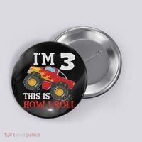 Three 3yr 3rd Birthday Monster Truck Boy 3 Years Old Button thumb 0