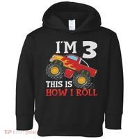 Three 3yr 3rd Birthday Monster Truck Boy 3 Years Old Toddler Hoodie thumb 0
