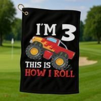 Three 3yr 3rd Birthday Monster Truck Boy 3 Years Old Golf Towel thumb 1