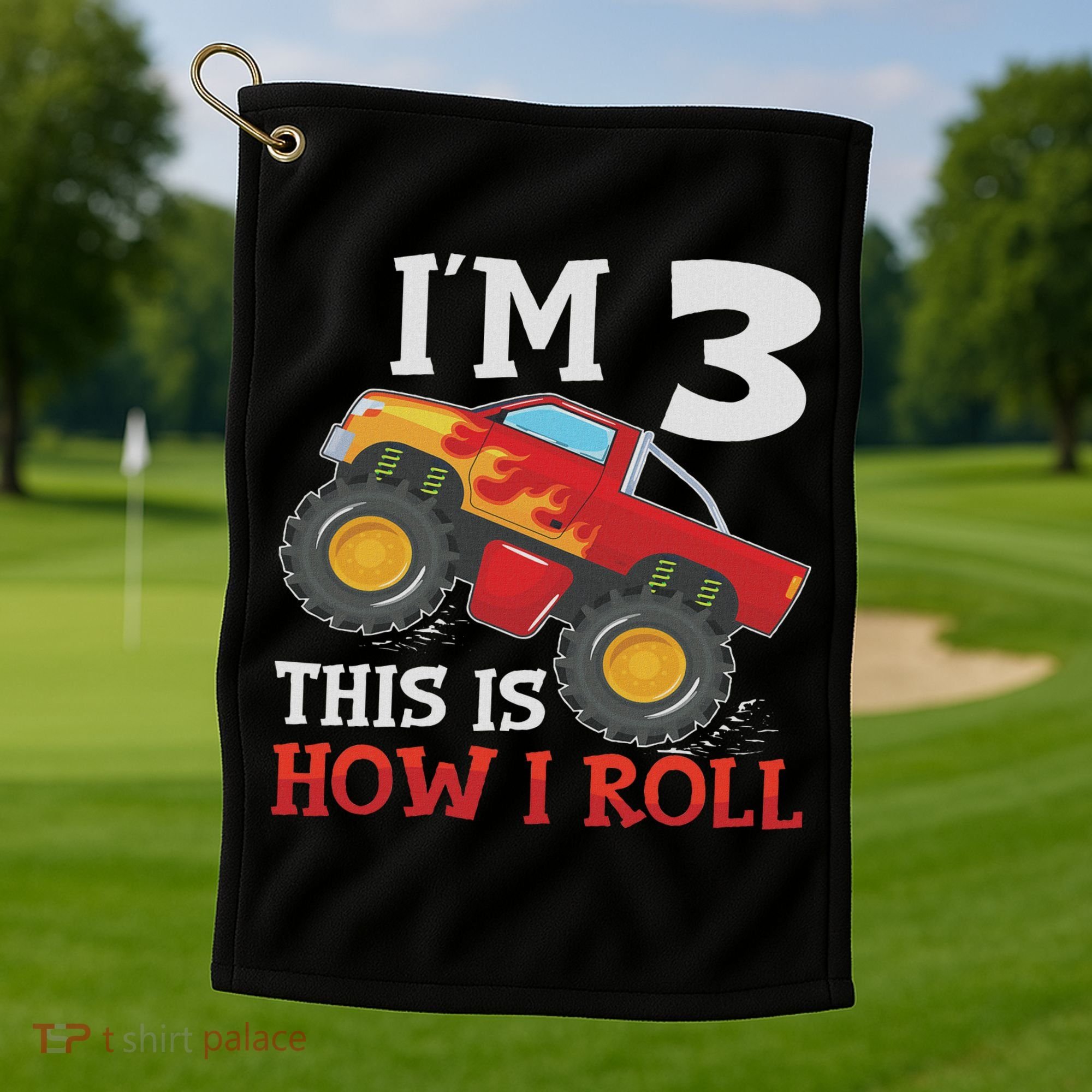 Three 3yr 3rd Birthday Monster Truck Boy 3 Years Old Golf Towel