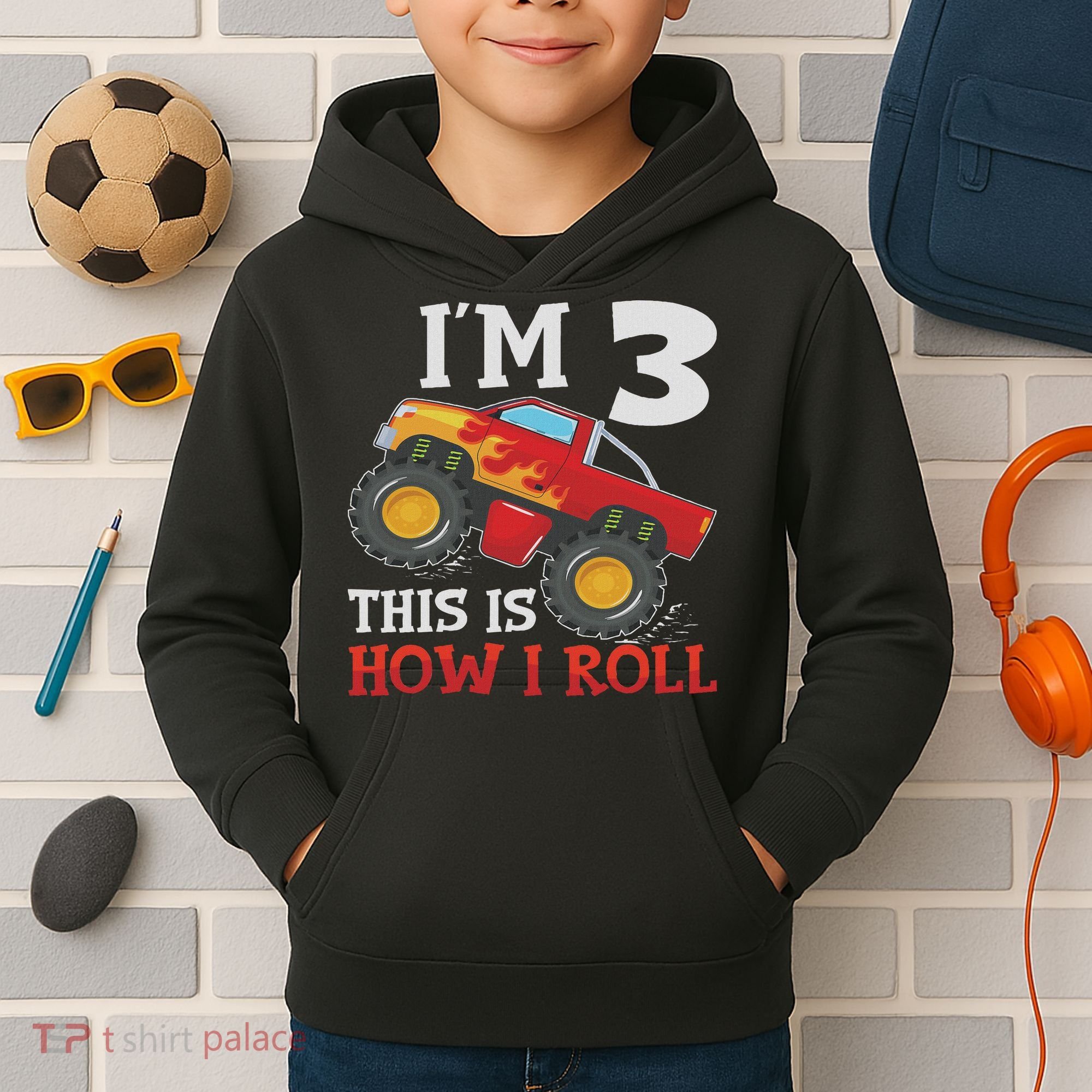 Three 3yr 3rd Birthday Monster Truck Boy 3 Years Old Kids Hoodie