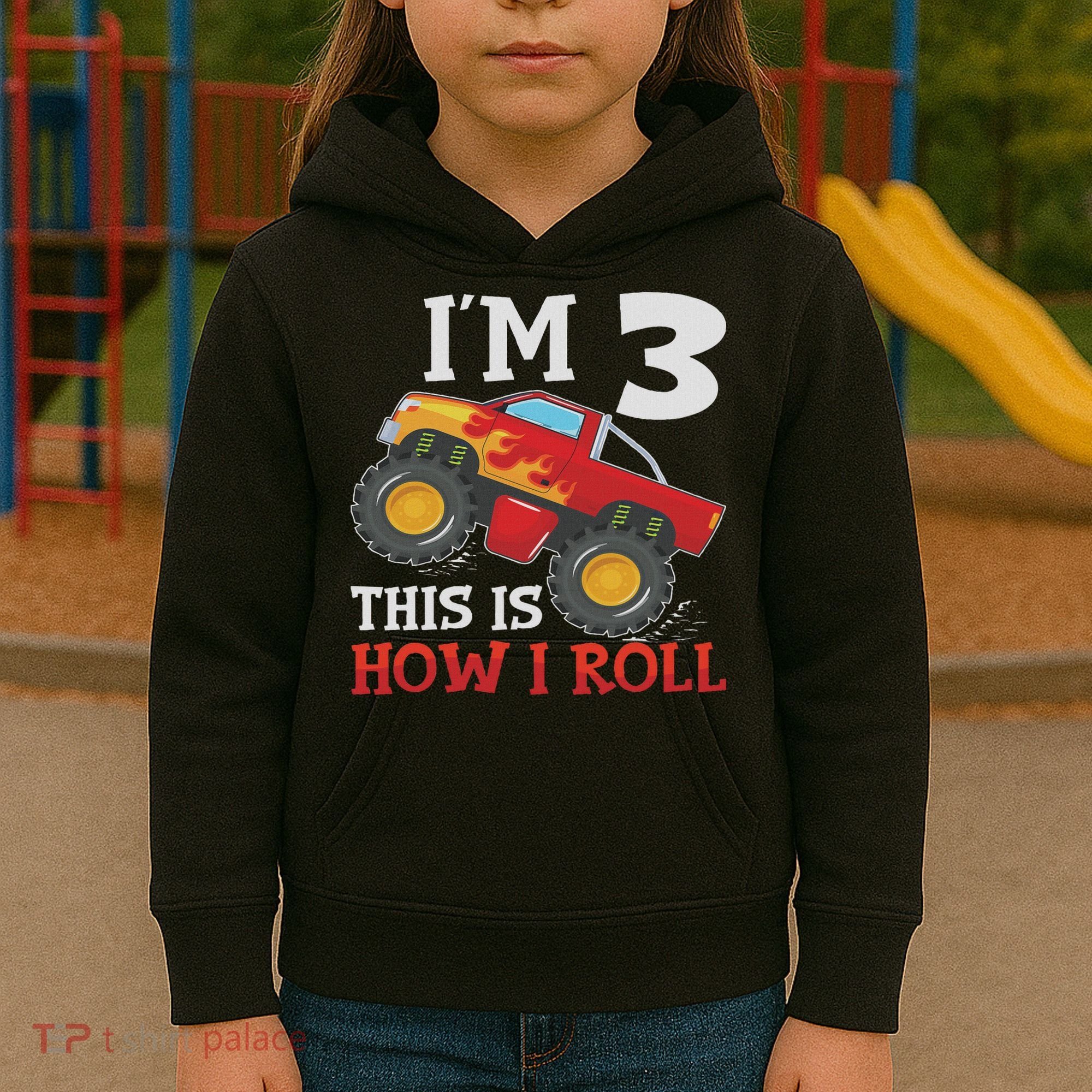 Three 3yr 3rd Birthday Monster Truck Boy 3 Years Old Kids Hoodie
