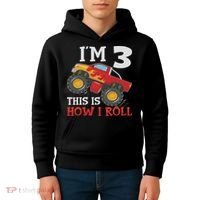 Three 3yr 3rd Birthday Monster Truck Boy 3 Years Old Kids Hoodie thumb 4