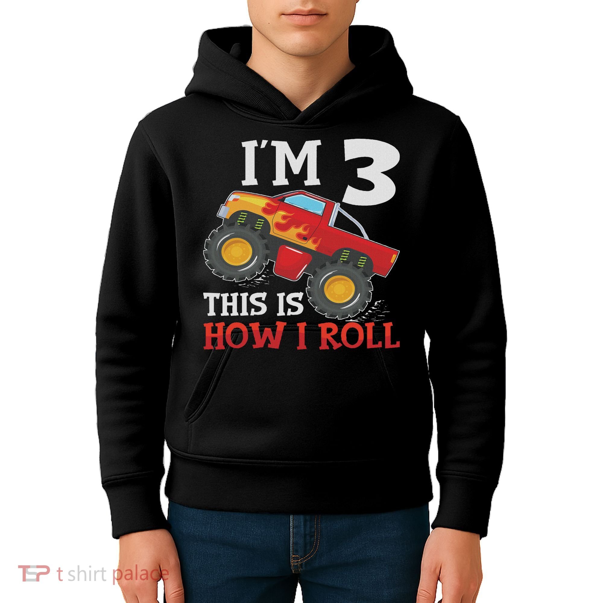 Three 3yr 3rd Birthday Monster Truck Boy 3 Years Old Kids Hoodie
