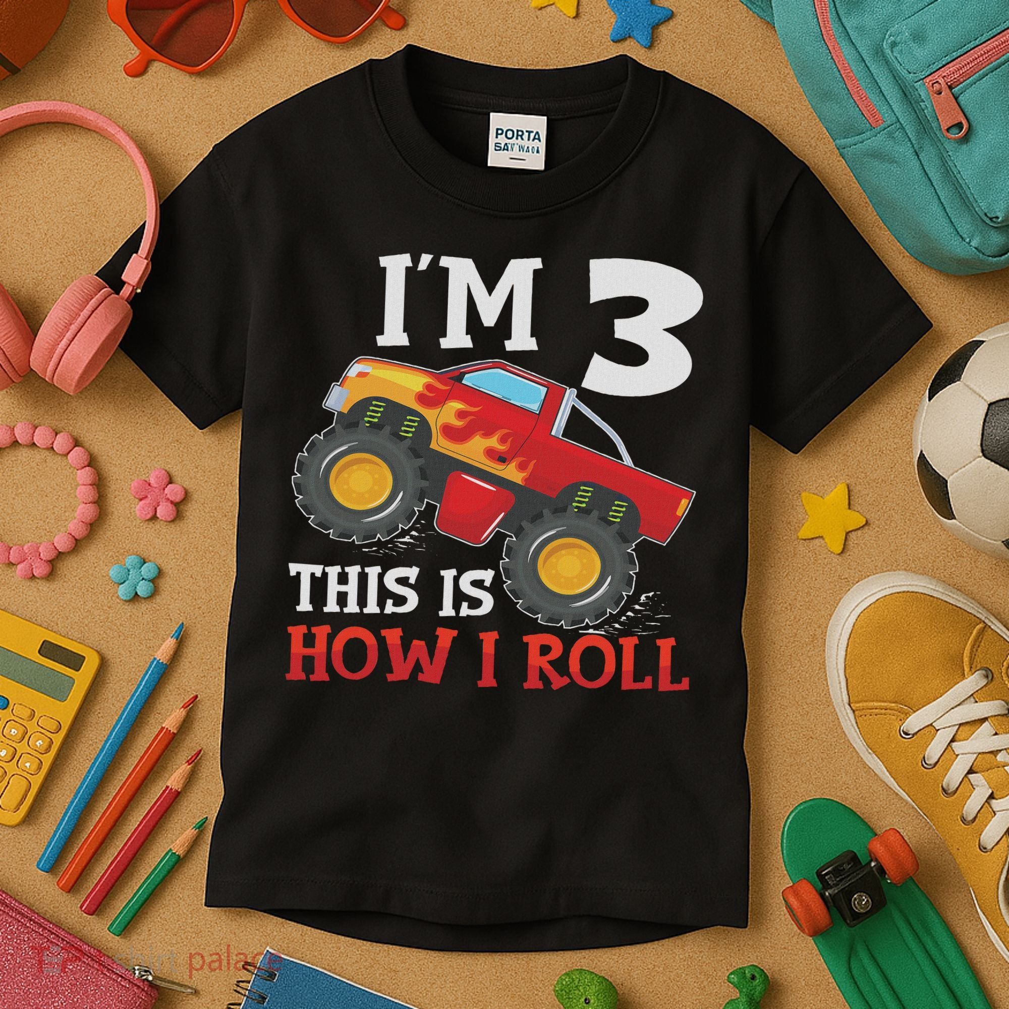 Three 3yr 3rd Birthday Monster Truck Boy 3 Years Old Kids T-Shirt