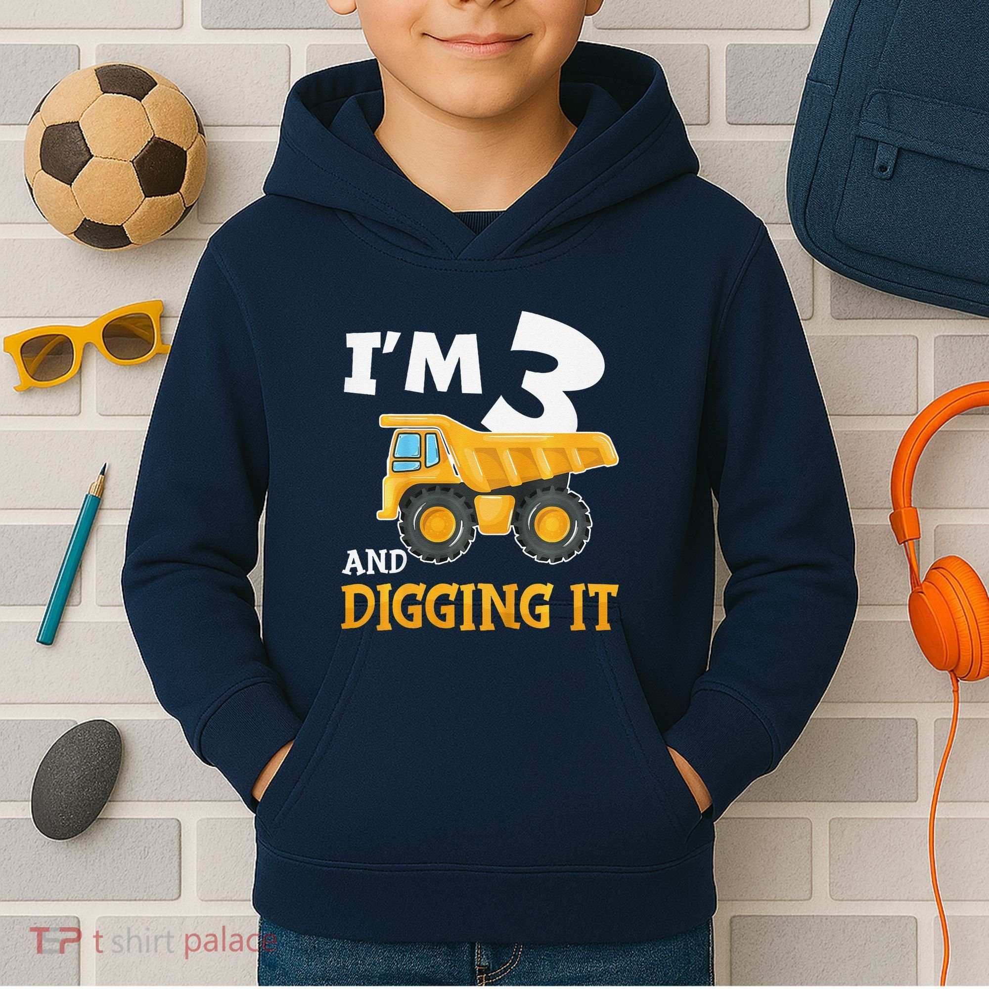 Three 3yr 3rd Birthday Construction Boy 3 Years Old Kids Hoodie