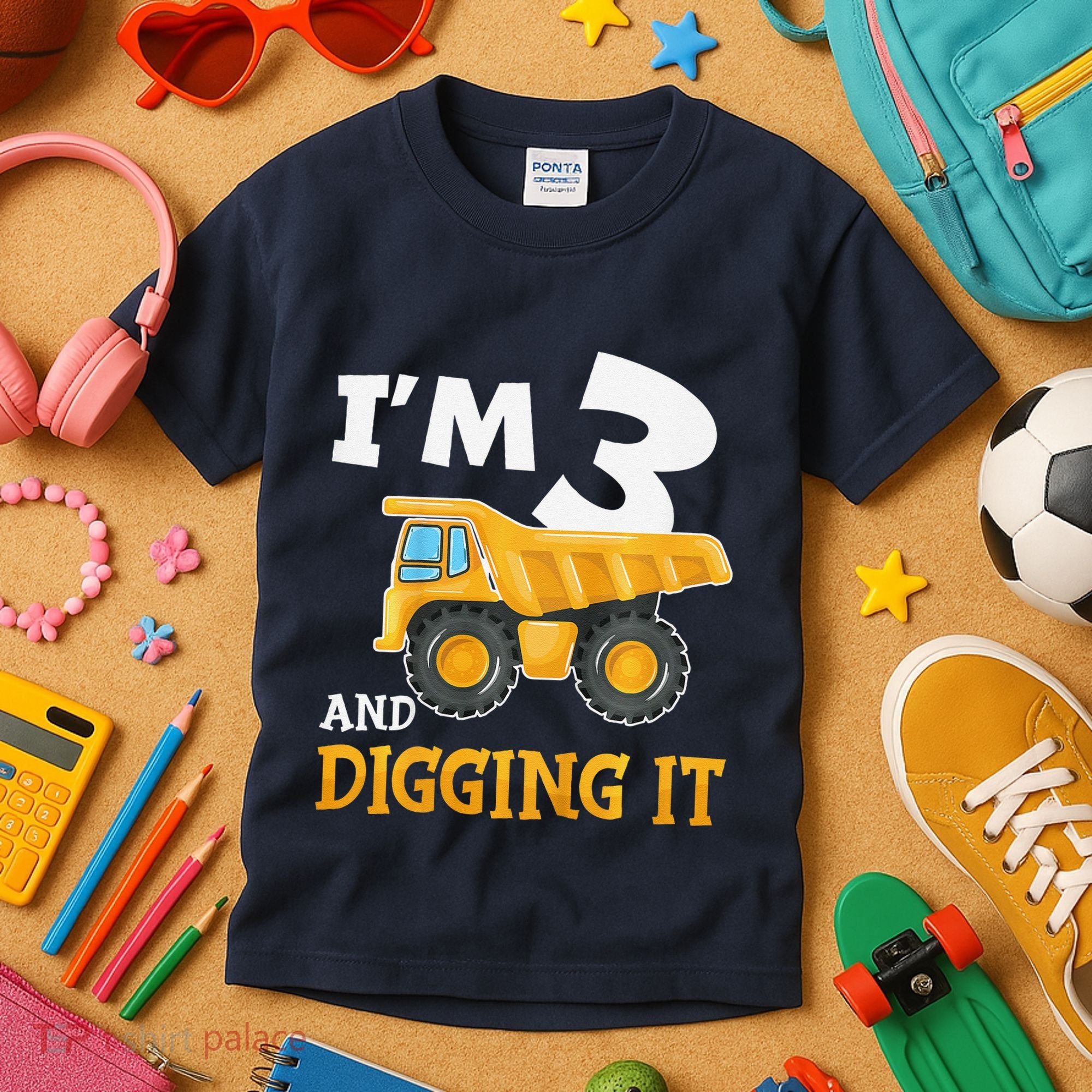 Three 3yr 3rd Birthday Construction Boy 3 Years Old Kids T-Shirt