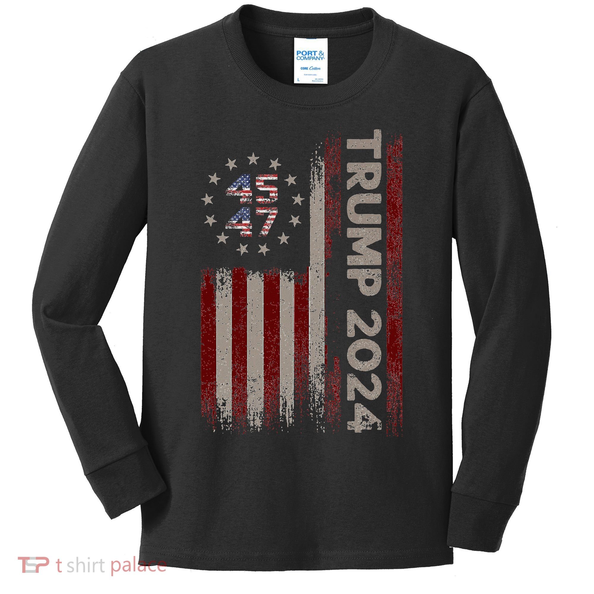 Trump 45/47 American Flag 2024 Kids Long Sleeve Shirt