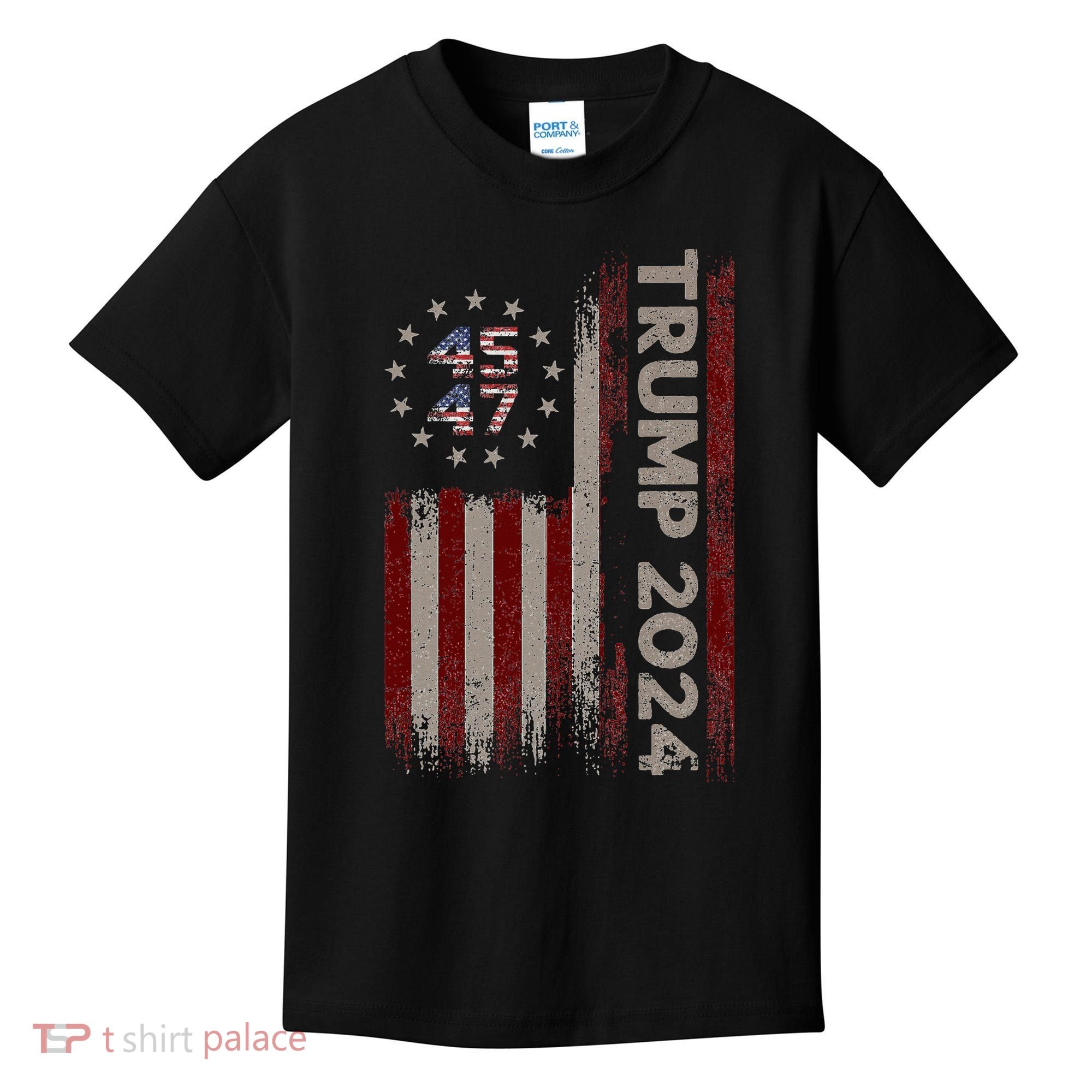 Trump 45/47 American Flag 2024 Kids T-Shirt
