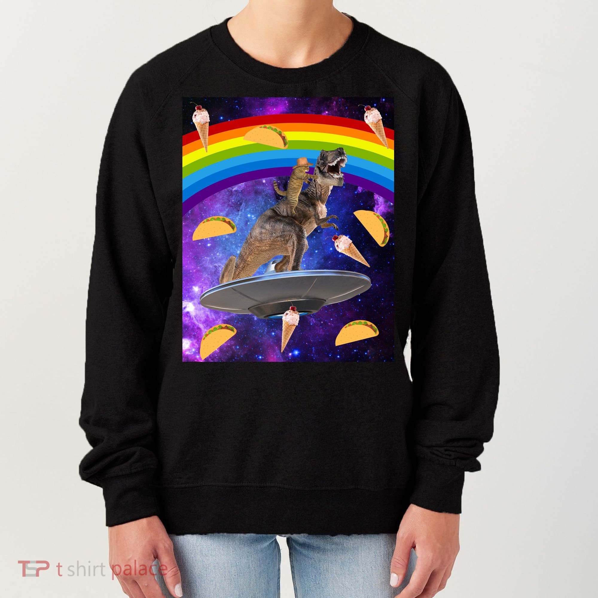 Taco Kitty Riding T-Rex Rainbow Space Cat Women's Sweatshirt
