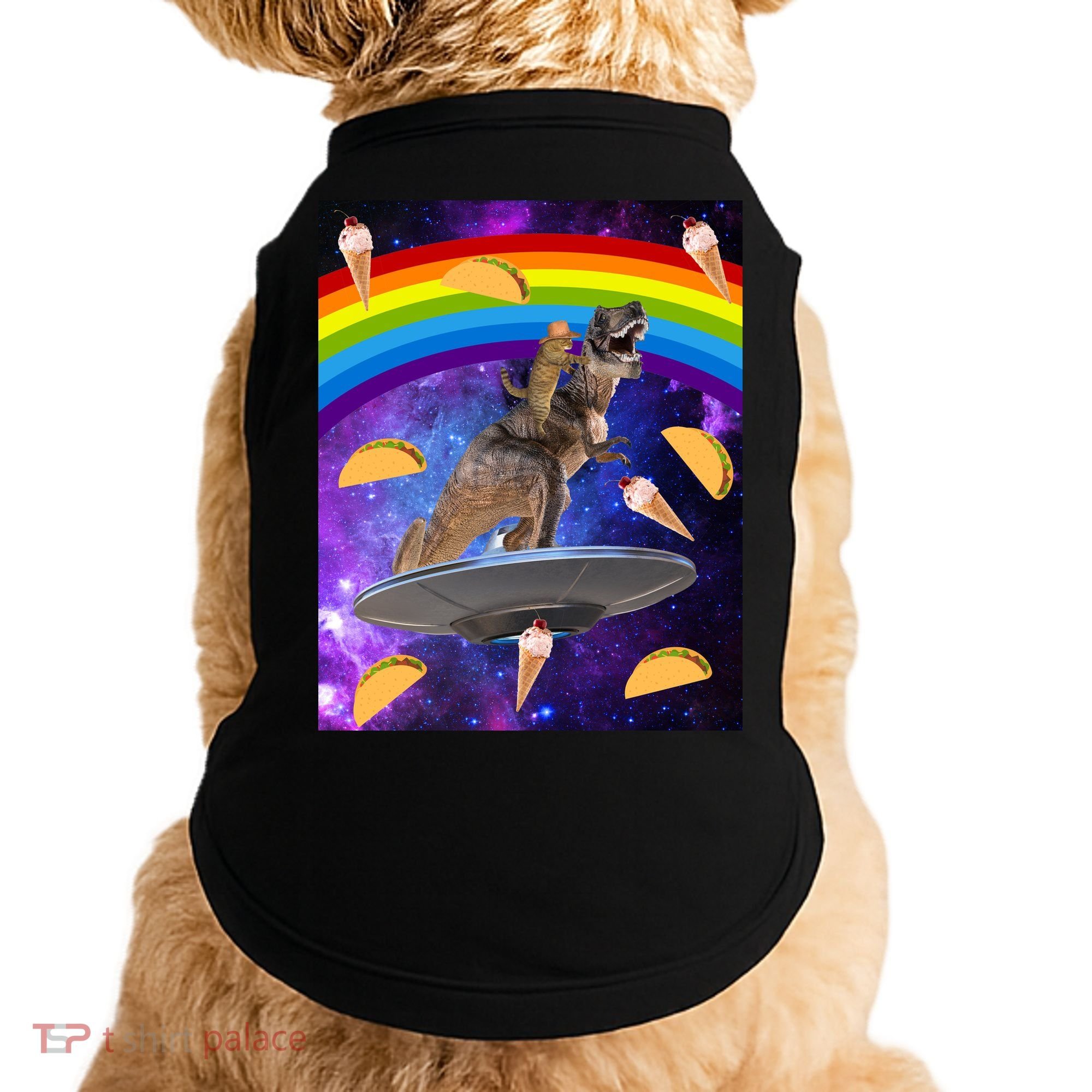 Taco Kitty Riding T-Rex Rainbow Space Cat Doggie Tank
