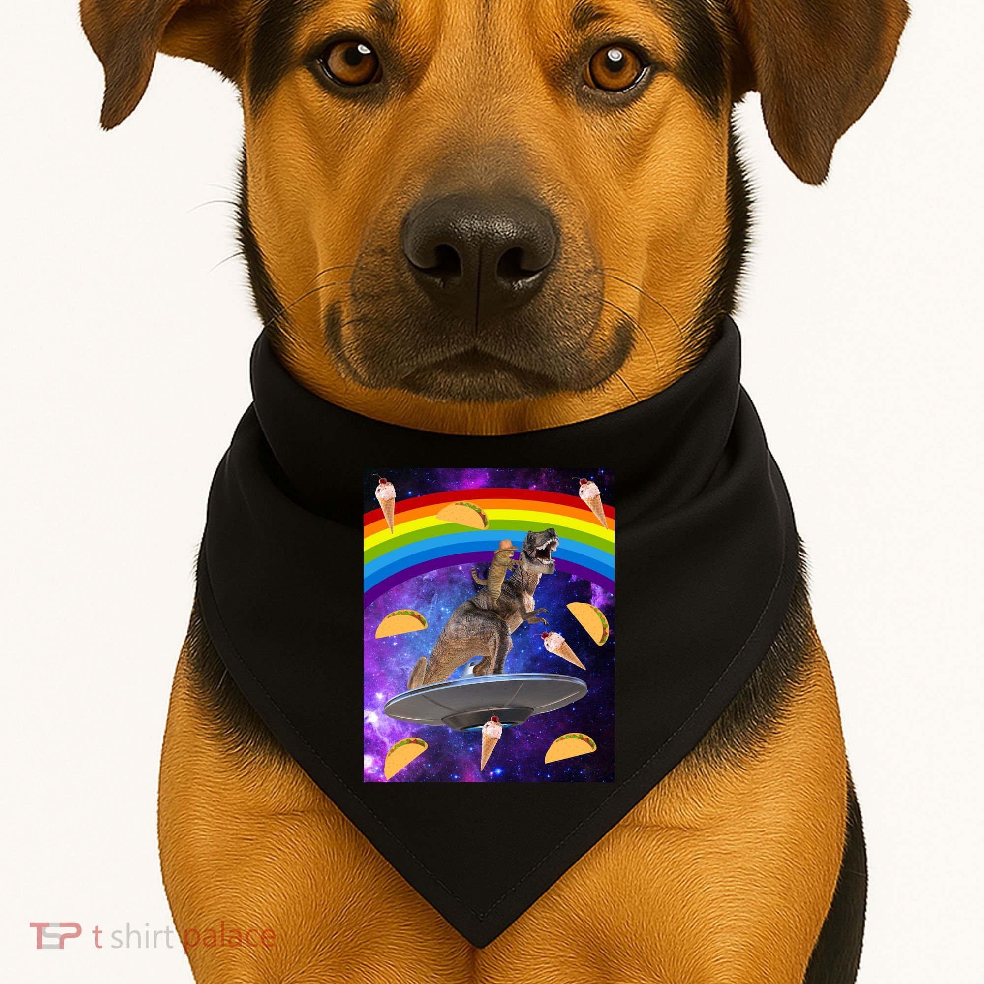 Taco Kitty Riding T-Rex Rainbow Space Cat USA-Made Doggie Bandana