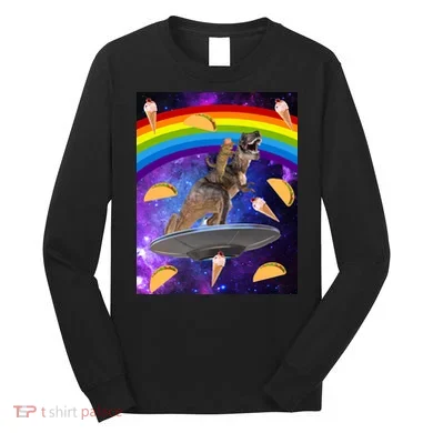 Taco Kitty Riding T-Rex Rainbow Space Cat Long Sleeve Shirt