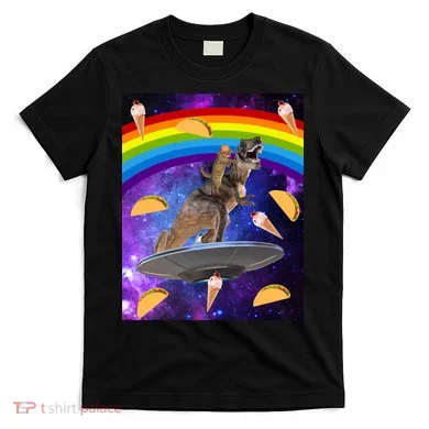 Taco Kitty Riding T-Rex Rainbow Space Cat T-Shirt