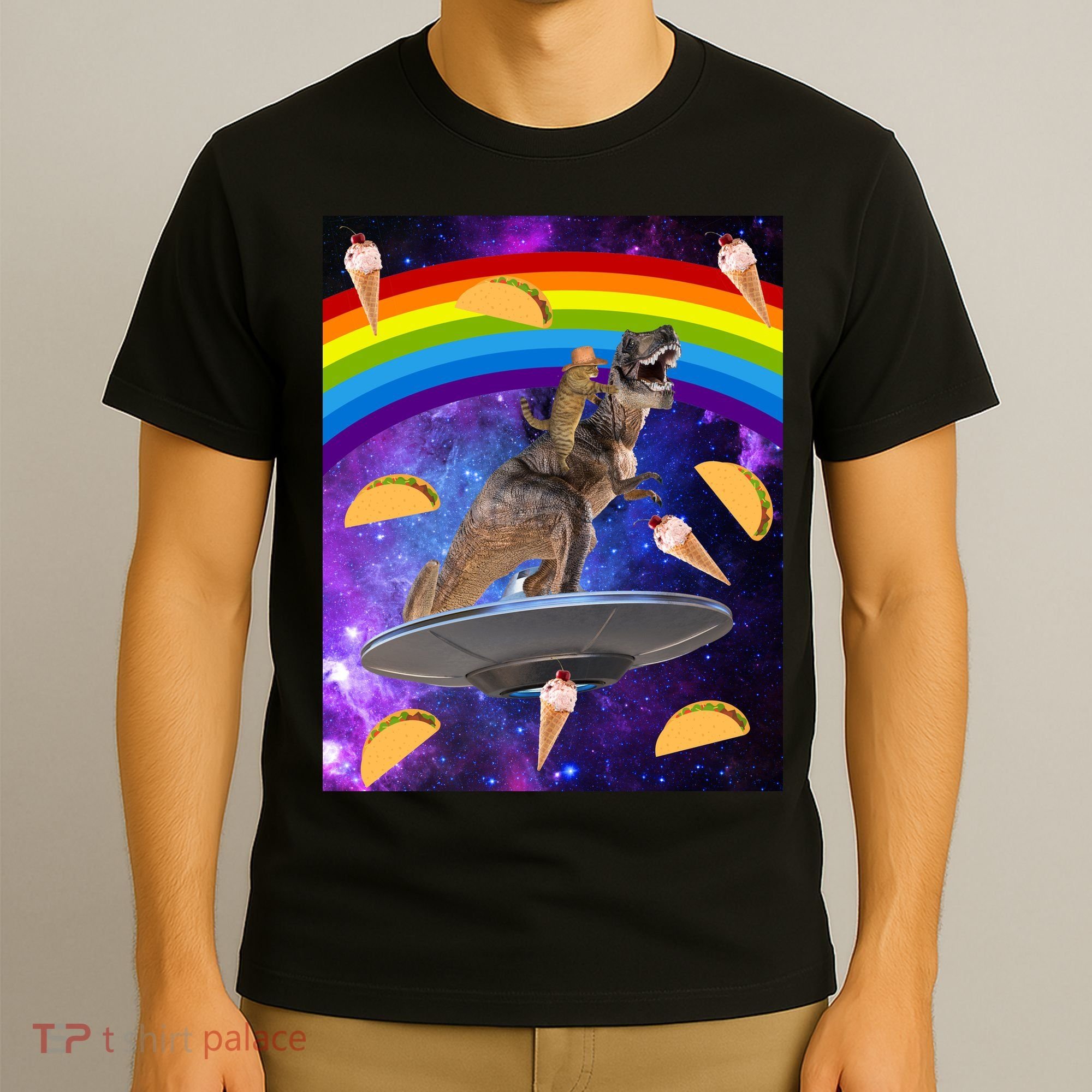 Taco Kitty Riding T-Rex Rainbow Space Cat T-Shirt