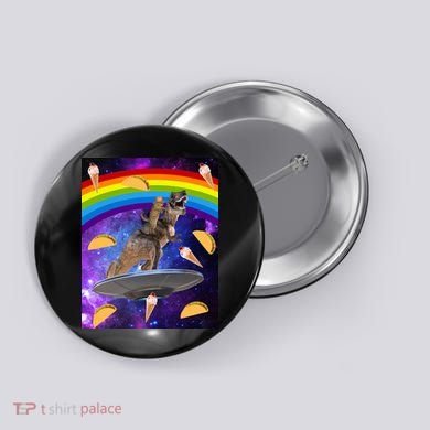 Taco Kitty Riding T-Rex Rainbow Space Cat Button