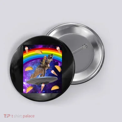 Taco Kitty Riding T-Rex Rainbow Space Cat Button