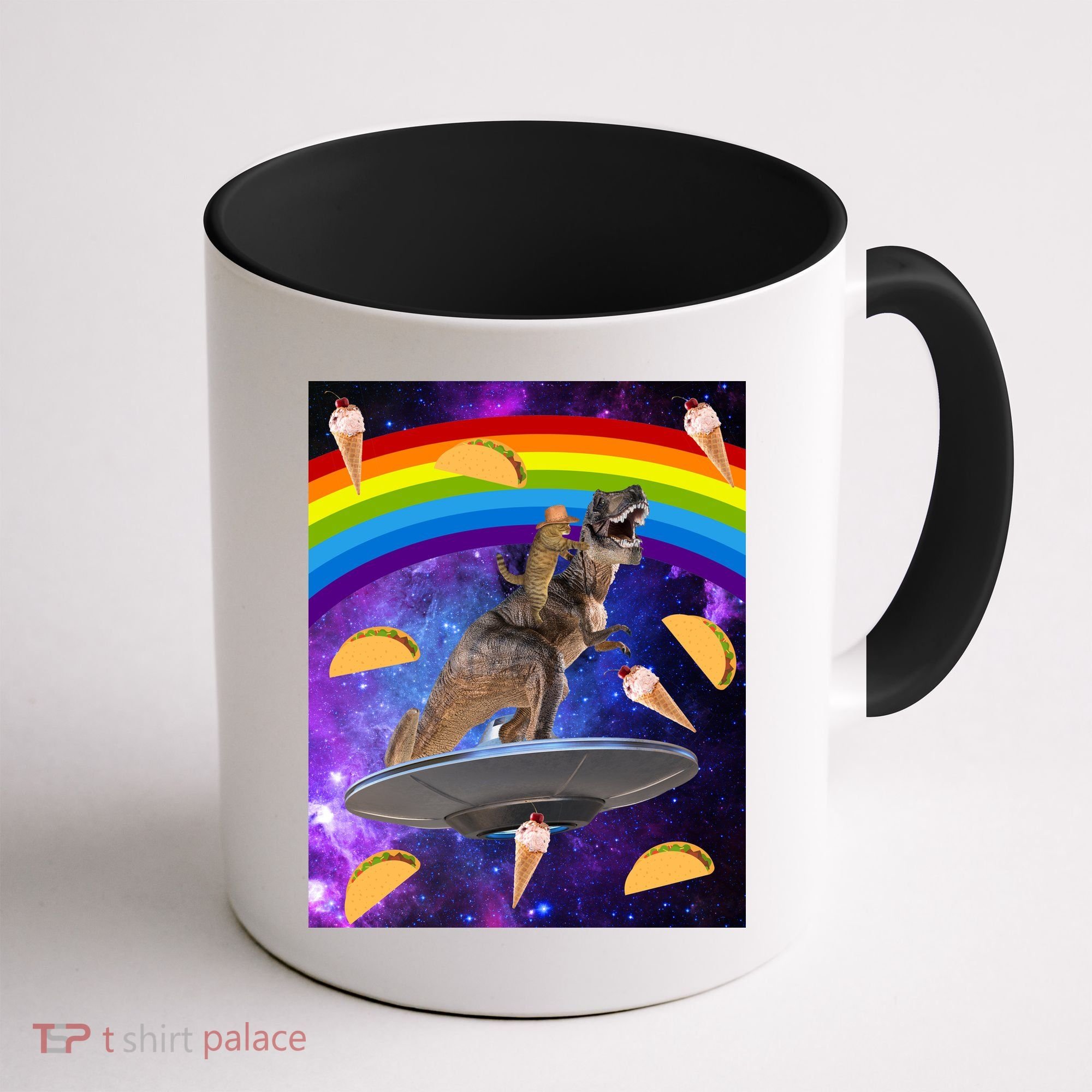 Taco Kitty Riding T-Rex Rainbow Space Cat Coffee Mug