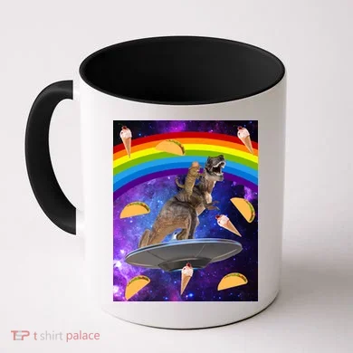 Taco Kitty Riding T-Rex Rainbow Space Cat Coffee Mug