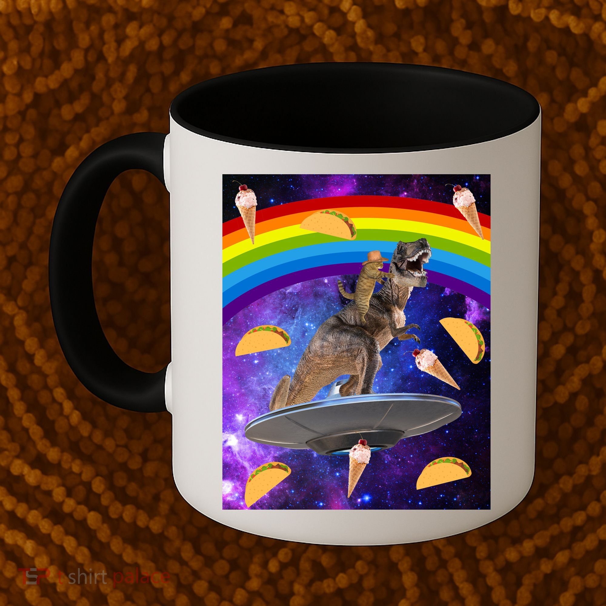 Taco Kitty Riding T-Rex Rainbow Space Cat Coffee Mug