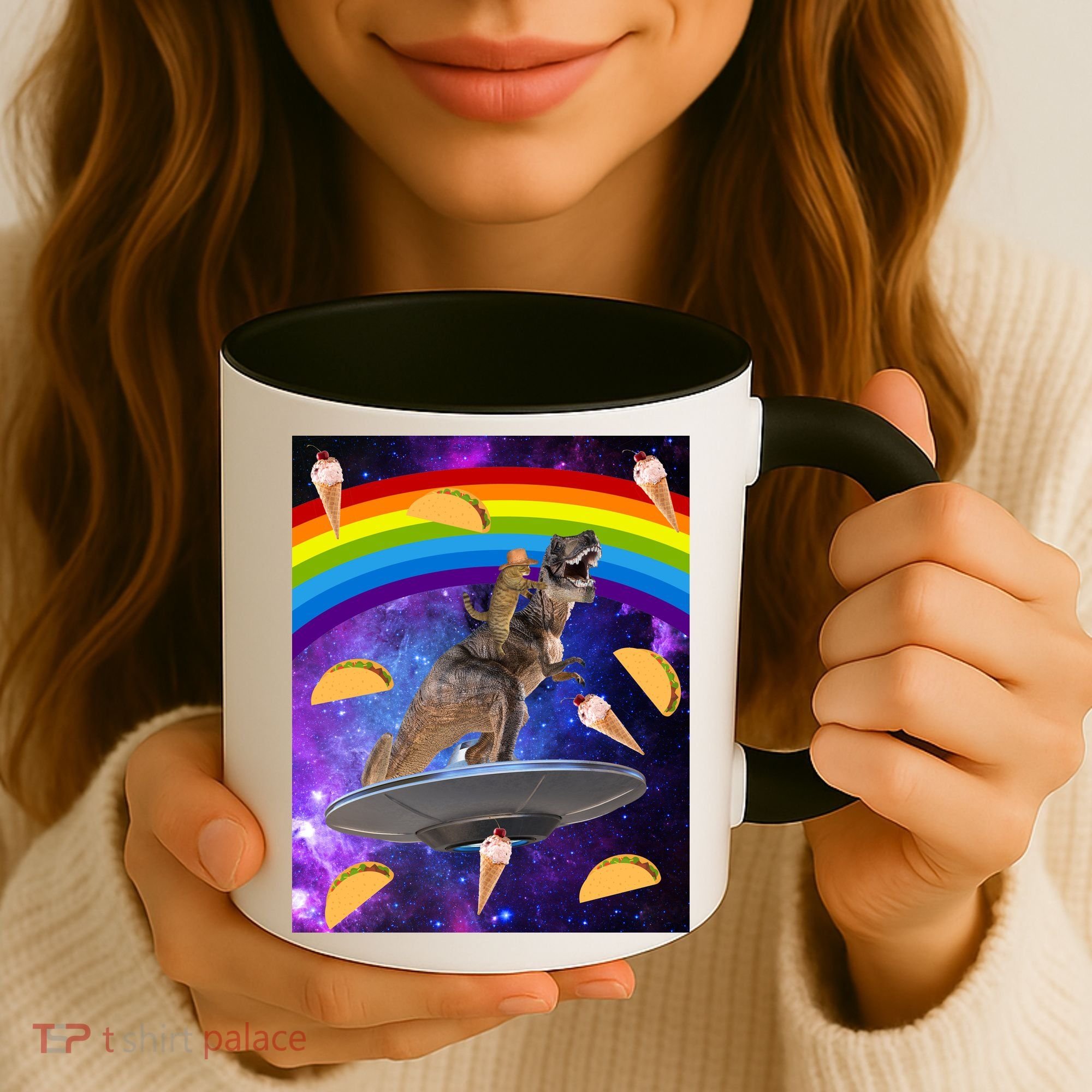 Taco Kitty Riding T-Rex Rainbow Space Cat Coffee Mug