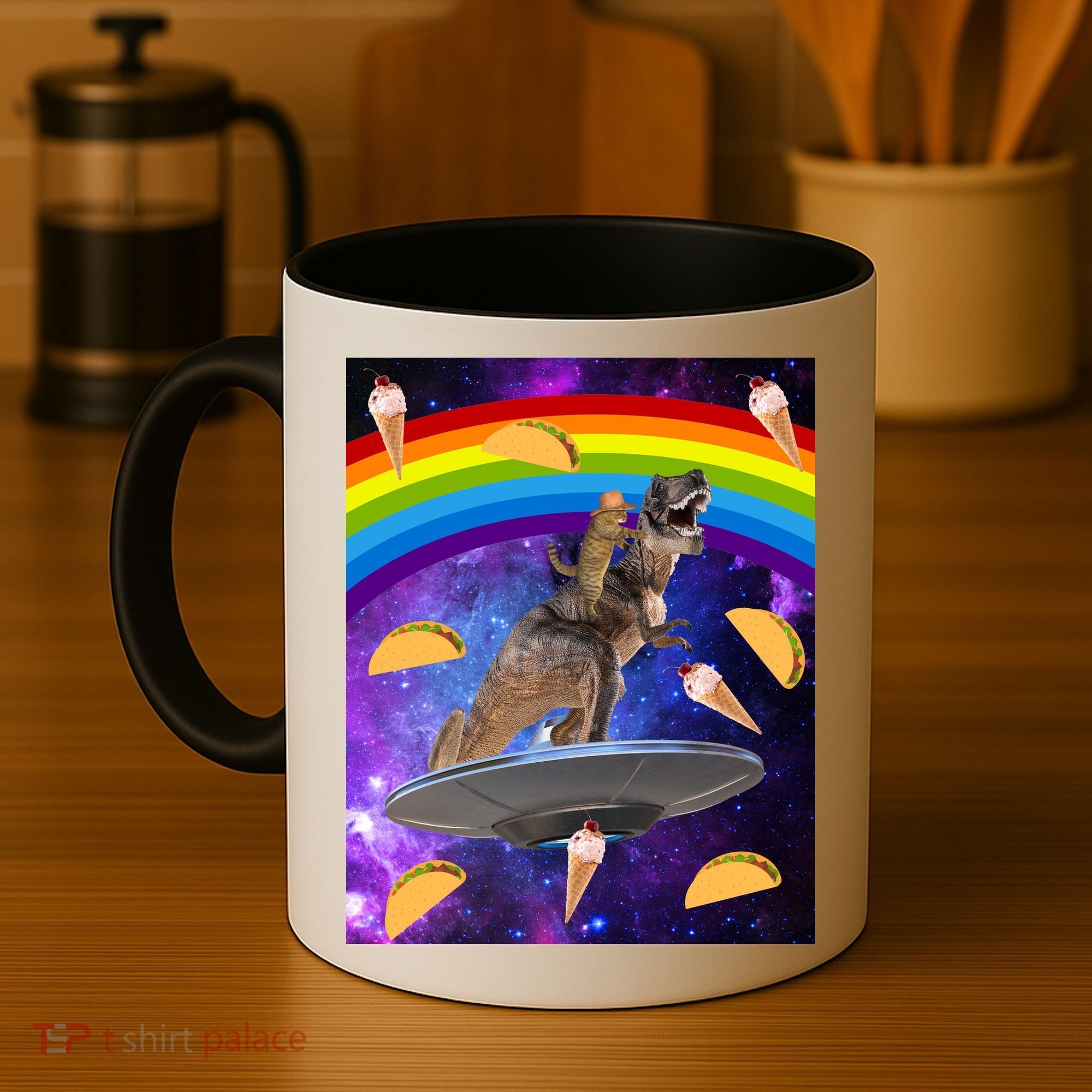Taco Kitty Riding T-Rex Rainbow Space Cat Coffee Mug