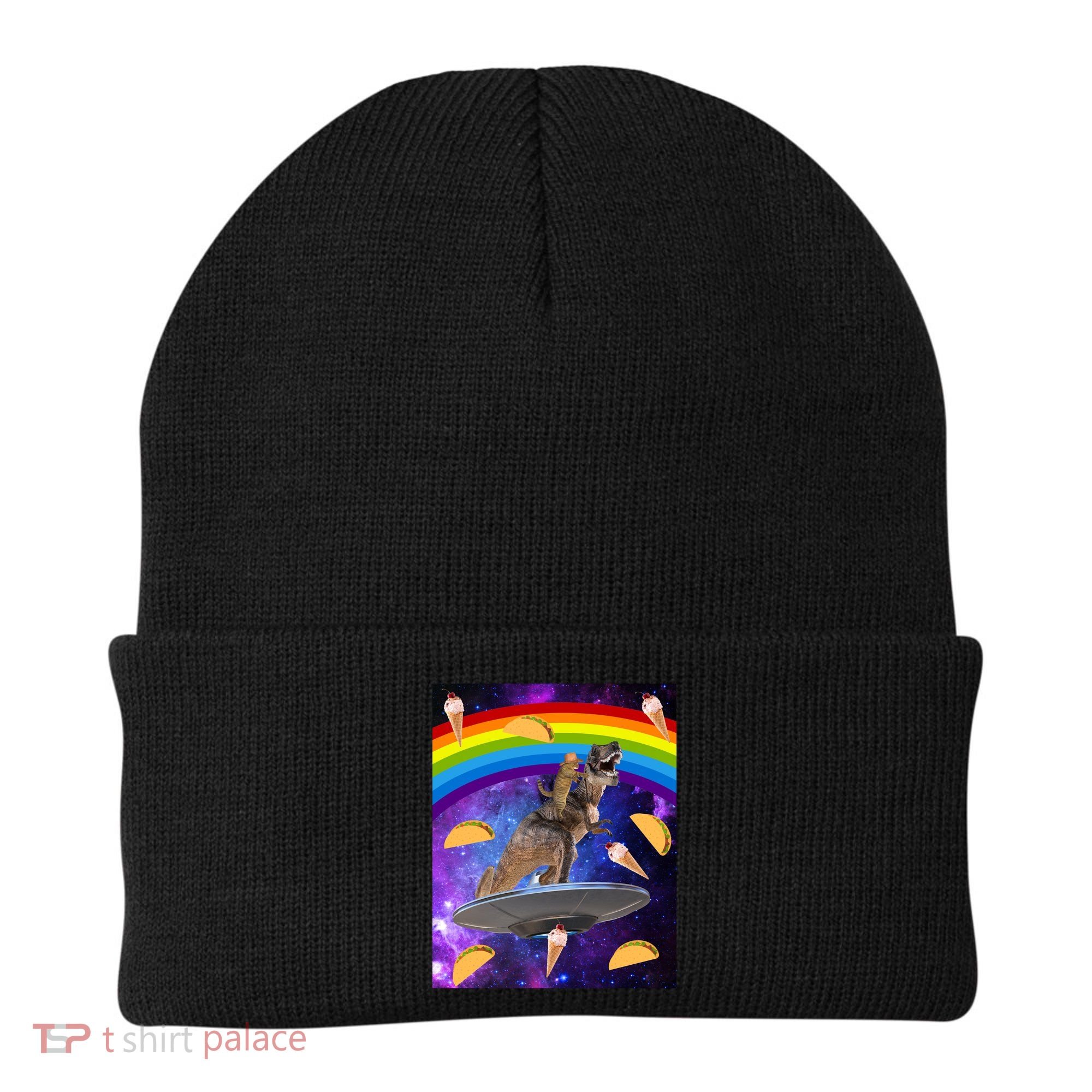 Taco Kitty Riding T-Rex Rainbow Space Cat Beanie