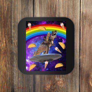 Taco Kitty Riding T-Rex Rainbow Space Cat Coaster