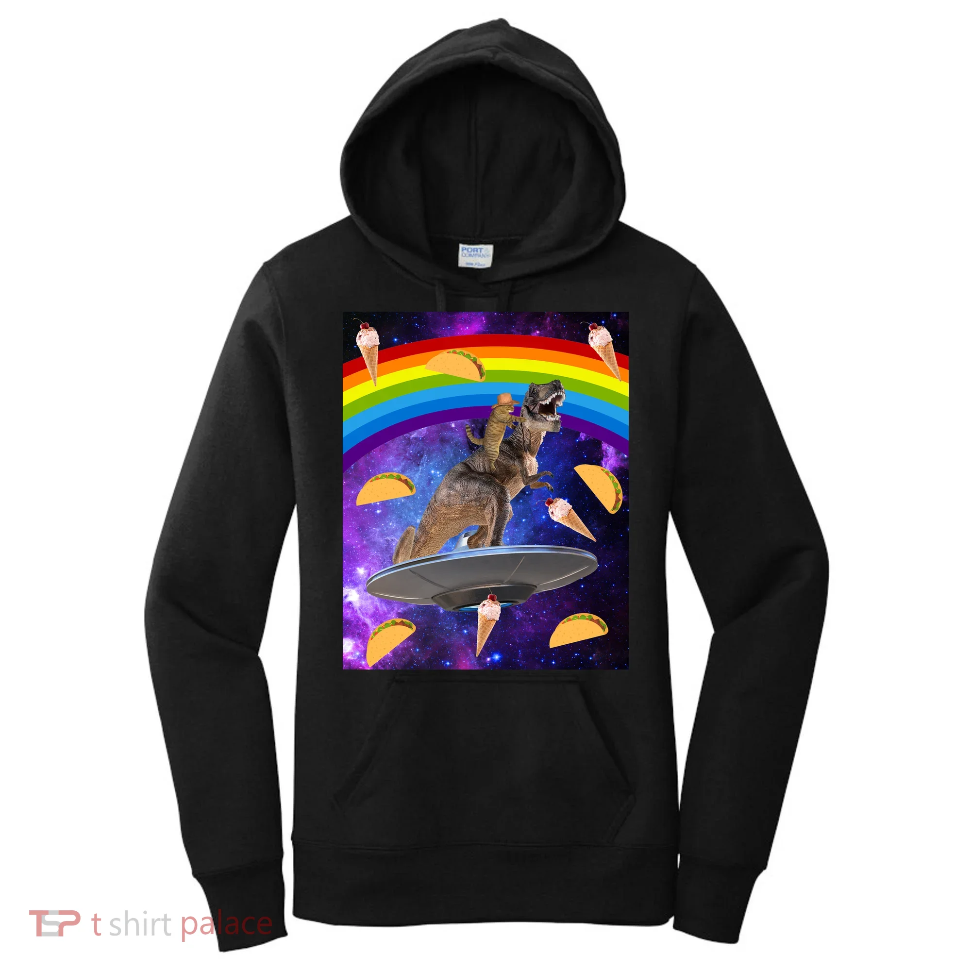 Taco Kitty Riding T-Rex Rainbow Space Cat Women's Hoodie