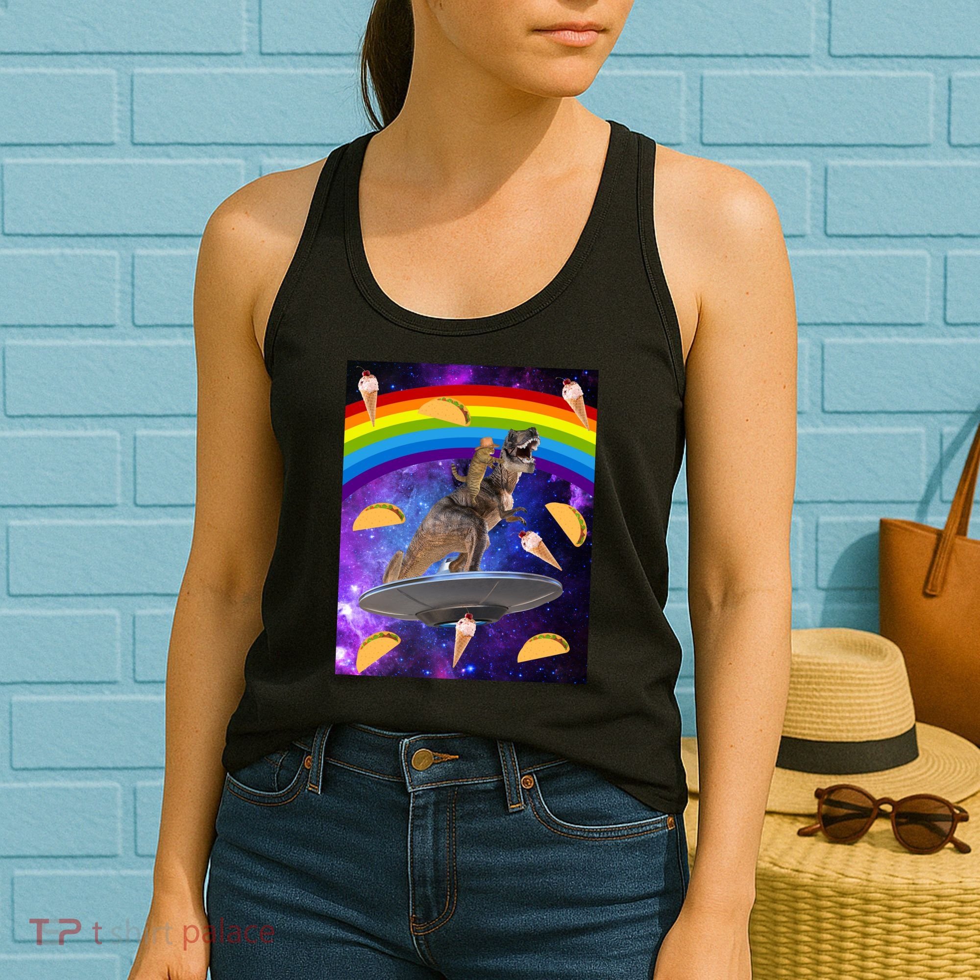 Taco Kitty Riding T-Rex Rainbow Space Cat Women's Tank Top
