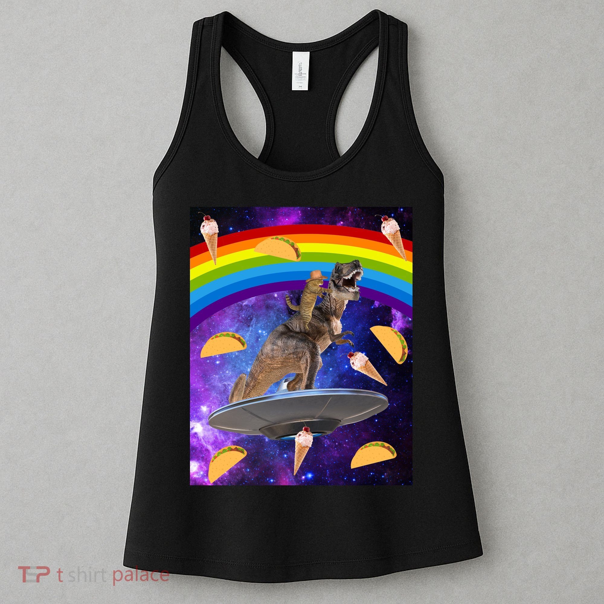 Taco Kitty Riding T-Rex Rainbow Space Cat Women's Tank Top