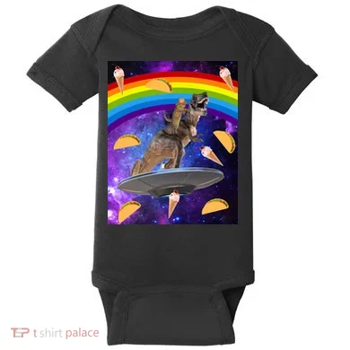Taco Kitty Riding T-Rex Rainbow Space Cat Baby Bodysuit