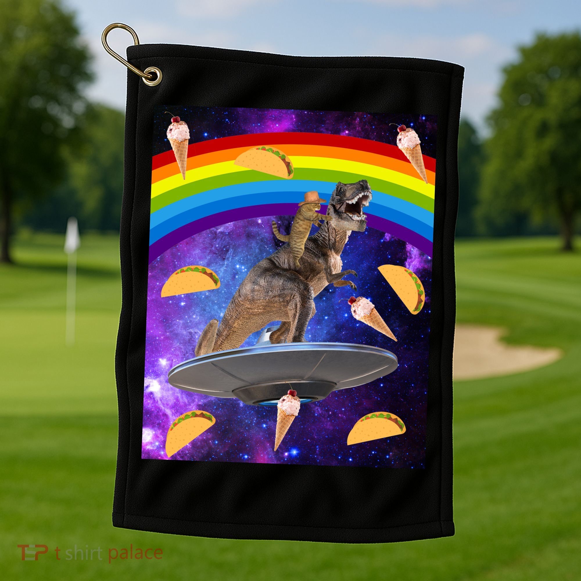 Taco Kitty Riding T-Rex Rainbow Space Cat Golf Towel