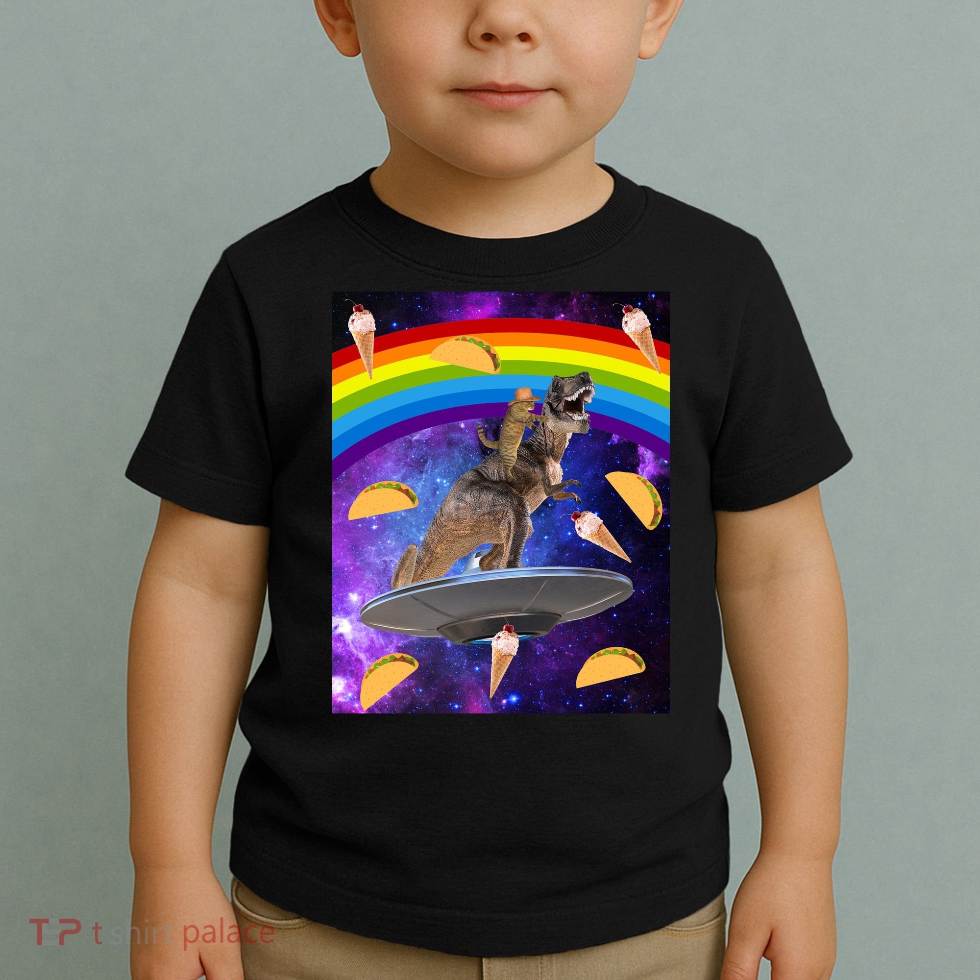Taco Kitty Riding T-Rex Rainbow Space Cat Toddler T-Shirt