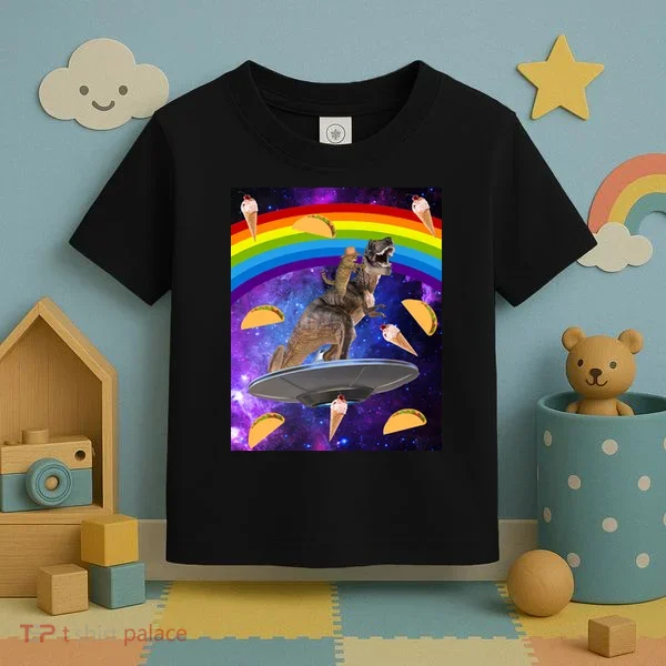Taco Kitty Riding T-Rex Rainbow Space Cat Toddler T-Shirt