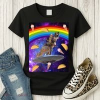 Taco Kitty Riding T-Rex Rainbow Space Cat Women's T-Shirt thumb 3
