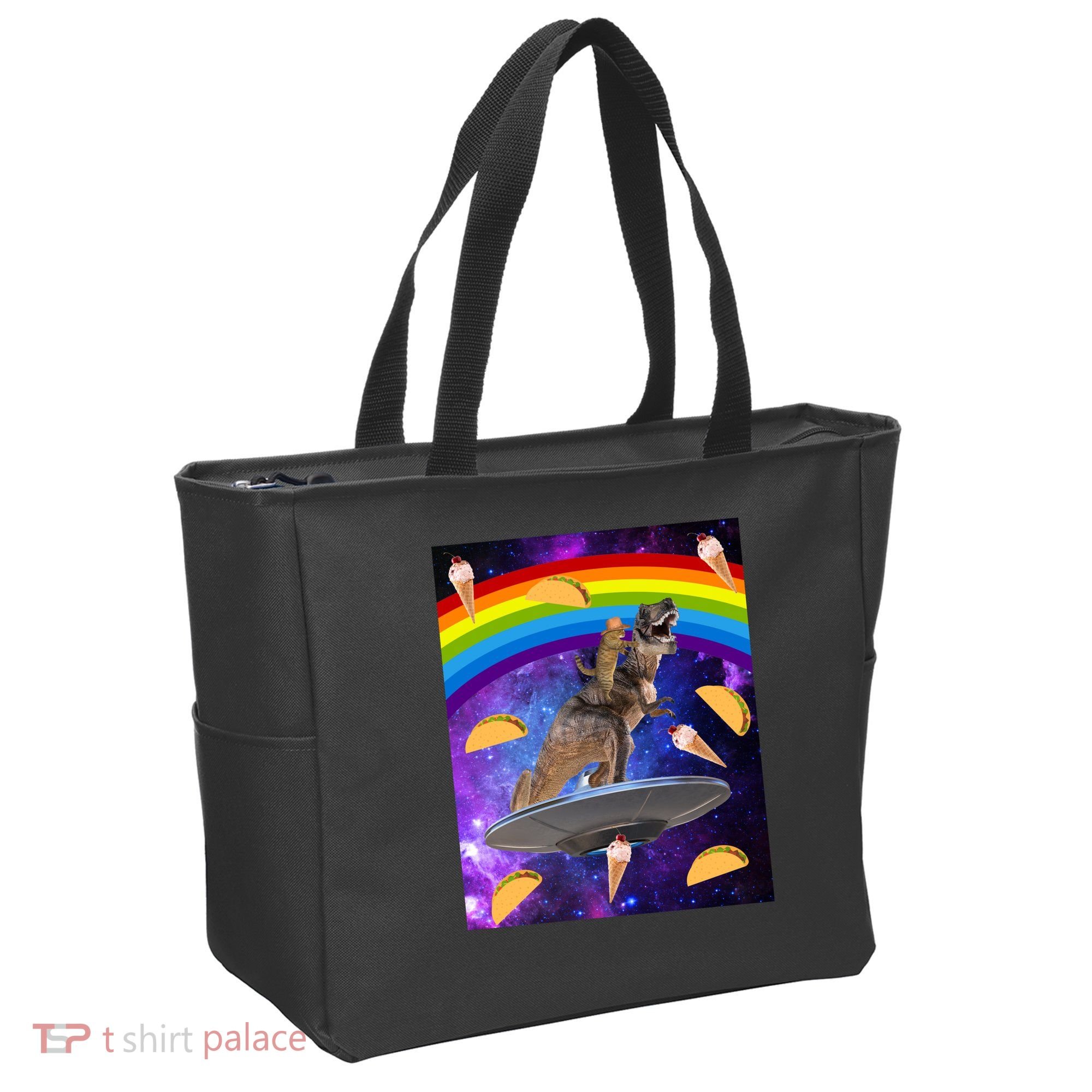 Taco Kitty Riding T-Rex Rainbow Space Cat Tote Bag