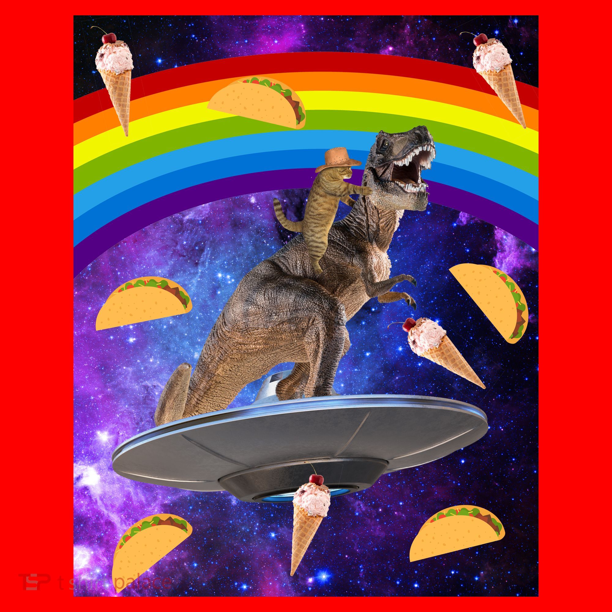 Taco Kitty Riding T-Rex Rainbow Space Cat Santa Hat