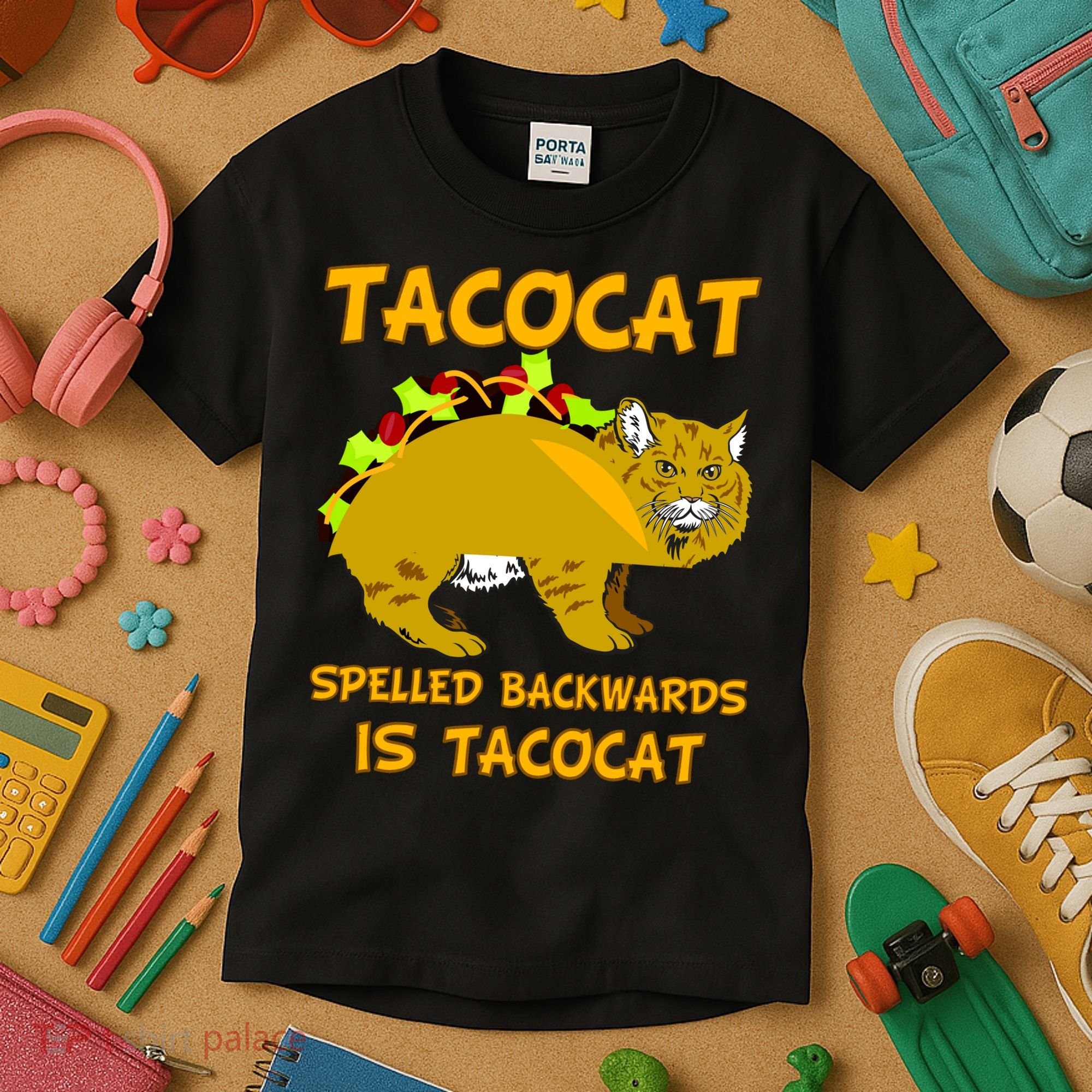 Tacocat Spelled Backwards Funny Cat Kids T-Shirt