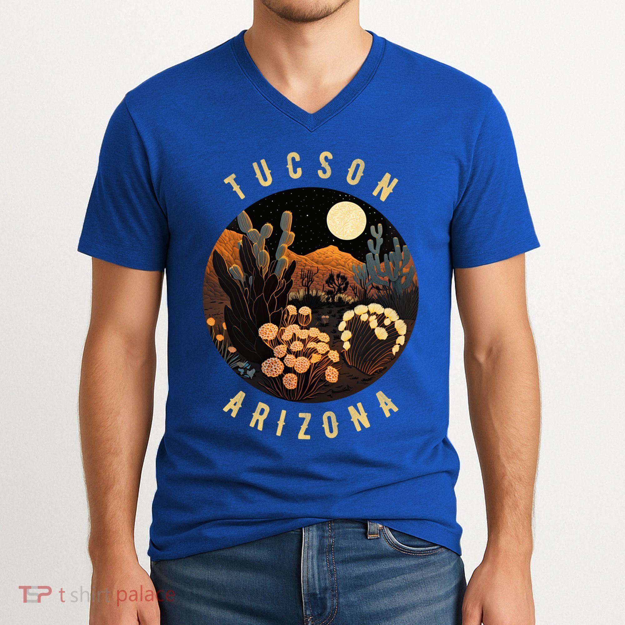 Tucson Arizona Desert At Night Painting Gift V-Neck T-Shirt
