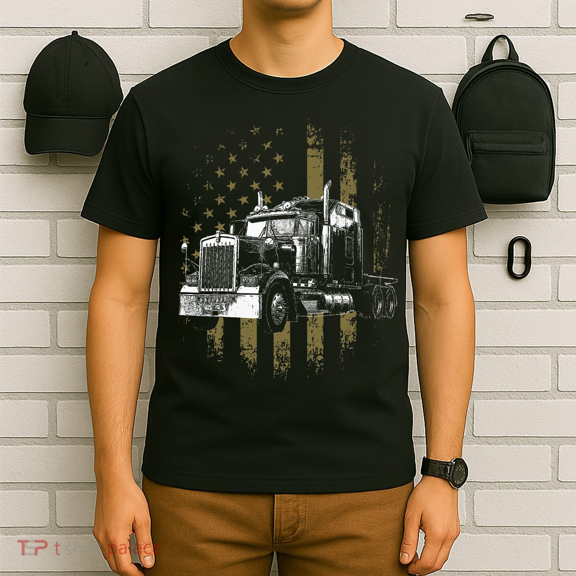 Trucker American Flag Big Rig Semi Trailer Truck Driver Gift T-Shirt