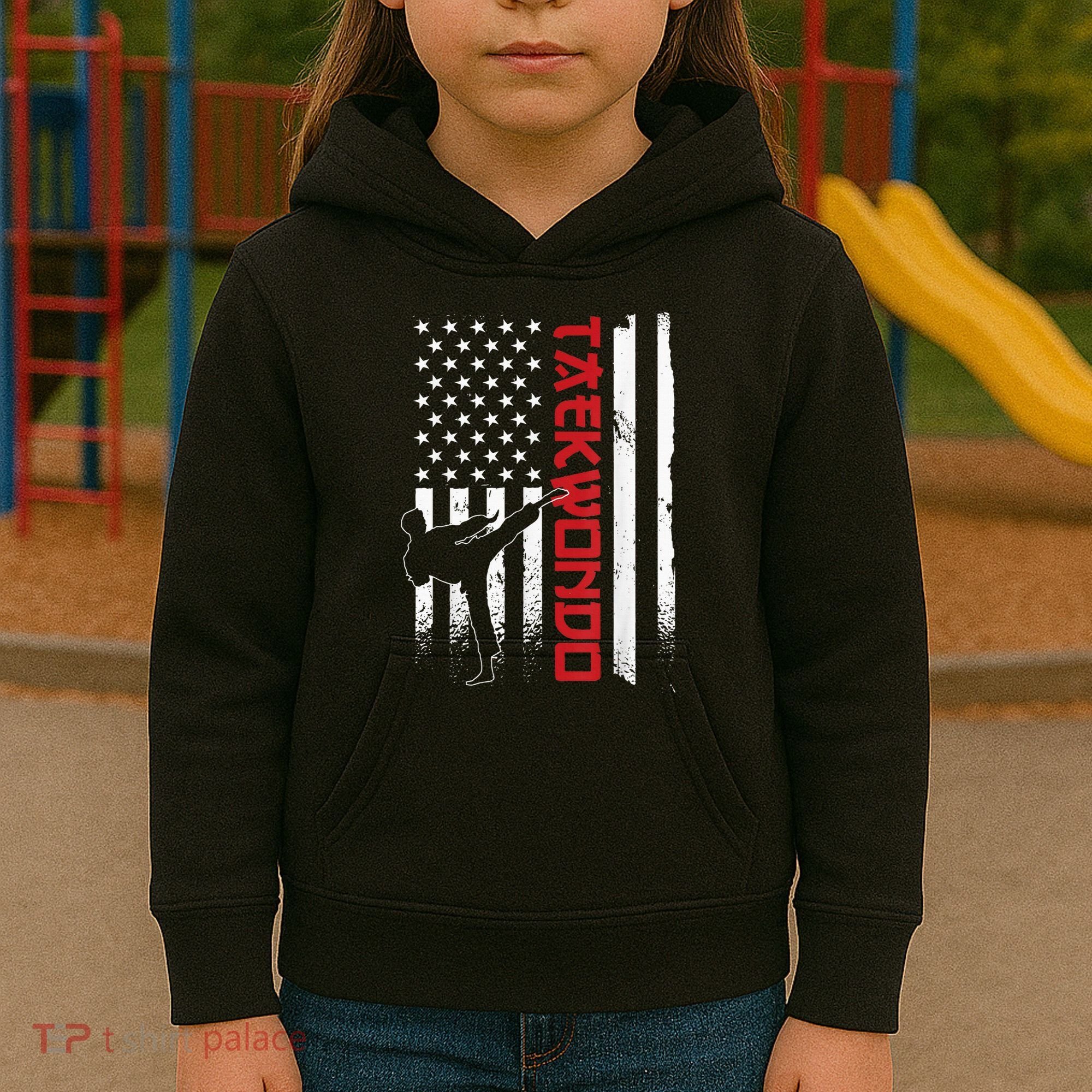 Taekwondo American Flag Taekwondo Fighter Us Flag Kids Hoodie