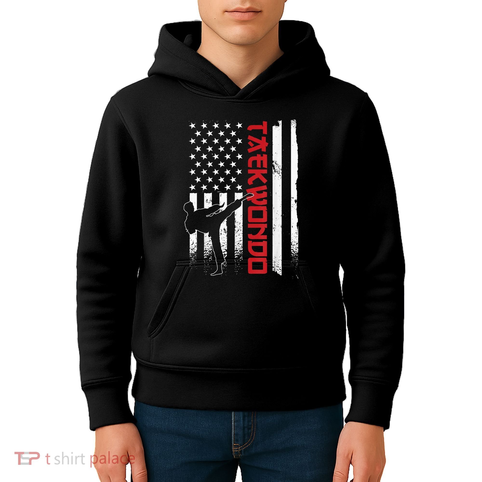 Taekwondo American Flag Taekwondo Fighter Us Flag Kids Hoodie