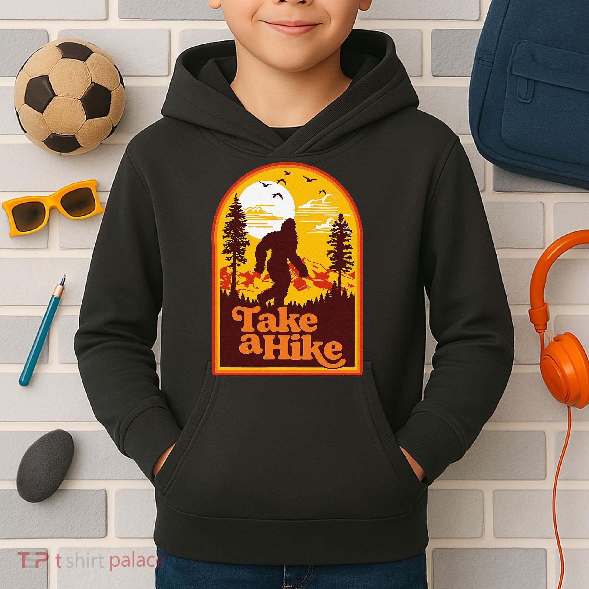 Take A Hike Bigfoot Earth Day Retro Sasquatch Hiking Camping Kids Hoodie
