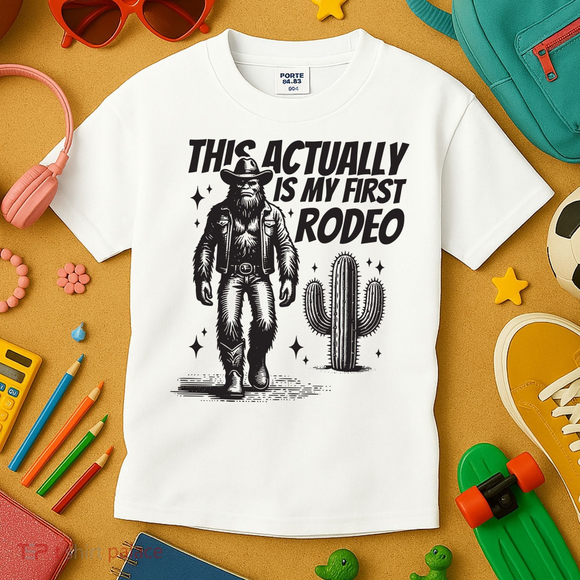 This Actually Is My First Rodeo Funny Bigfoot Cowboy Western Kids T-Shirt