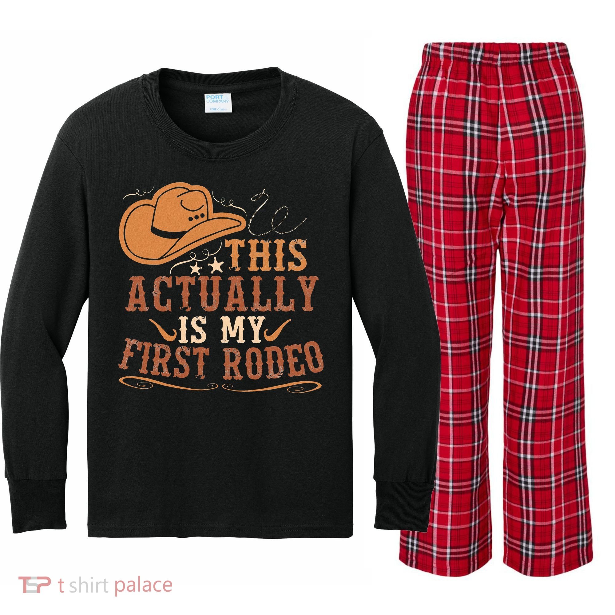 This Actually Is My First Rodeo Cowgirl Bronco Bucking Kids Long Sleeve Plaid Pajama Set