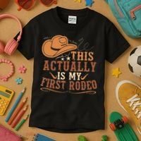 This Actually Is My First Rodeo Cowgirl Bronco Bucking Kids T-Shirt thumb 3