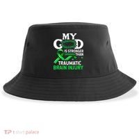 TBI Awareness My God Is Stronger Than Traumatic Brain Injury Sustainable Bucket Hat thumb 0
