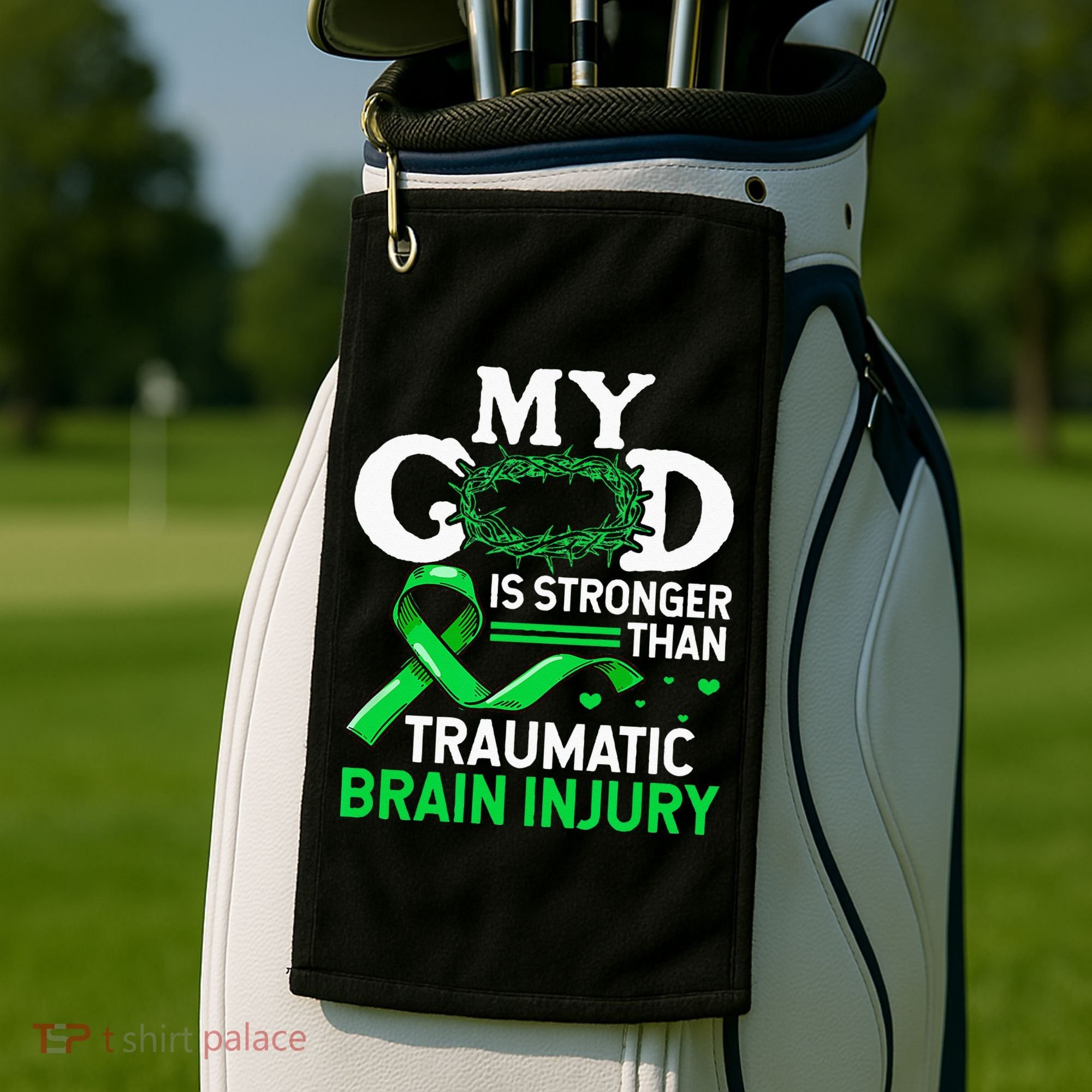 TBI Awareness My God Is Stronger Than Traumatic Brain Injury Golf Towel