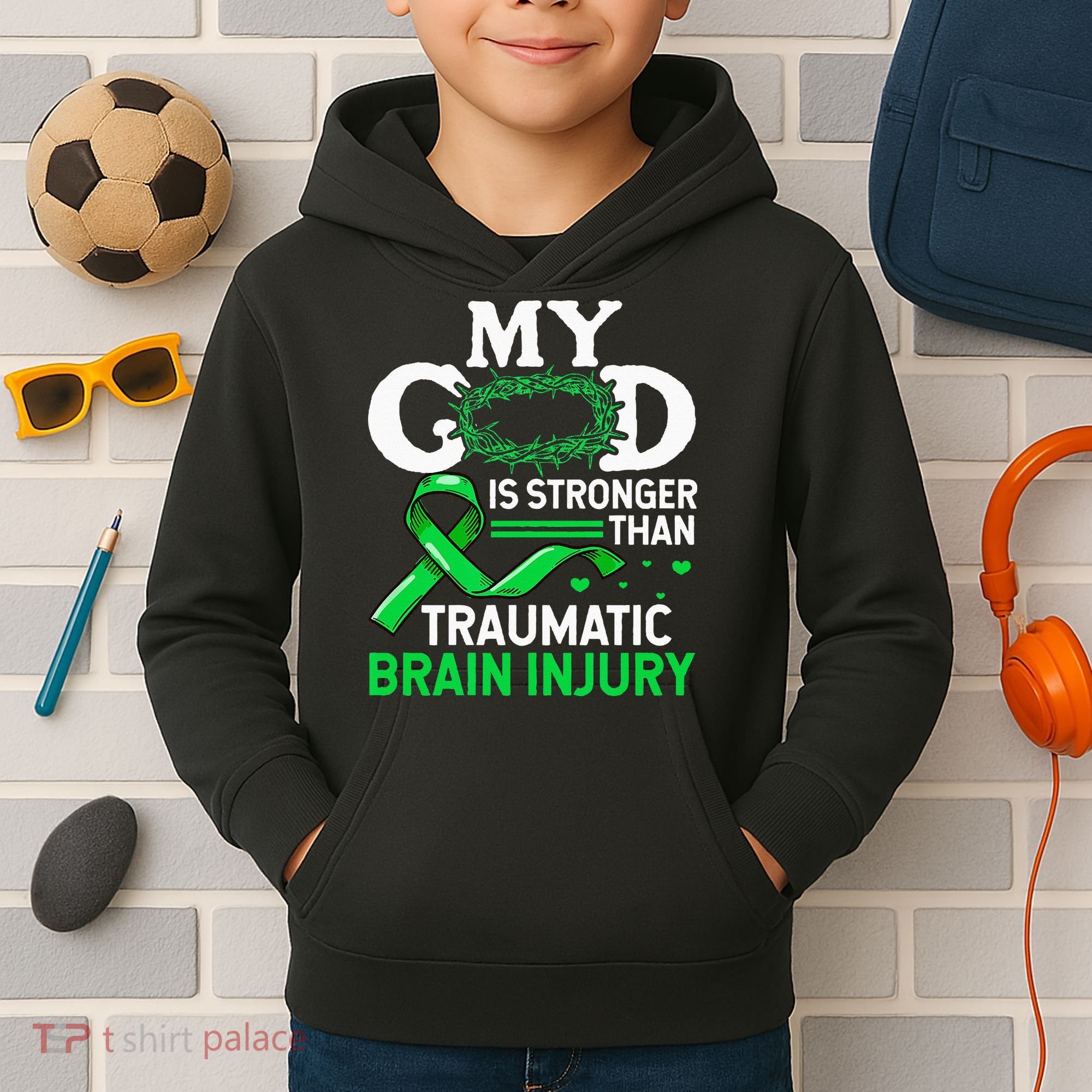 TBI Awareness My God Is Stronger Than Traumatic Brain Injury Kids Hoodie